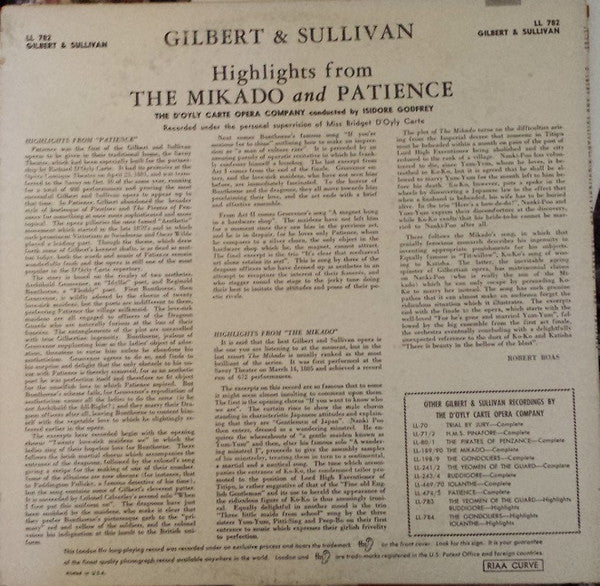 Gilbert & Sullivan, D'Oyly Carte Opera Company With The New Promenade Orchestra Conducted By Isidore Godfrey : Highlights From The Mikado And Patience (LP, Album)