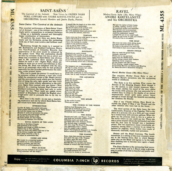 Andre Kostelanetz And His Orchestra* Music By Saint-Saëns*, Ogden Nash Spoken By Noel Coward*, Ravel* : Carnival Of The Animals / Mother Goose Suite (LP, Album, Mono, Gre)