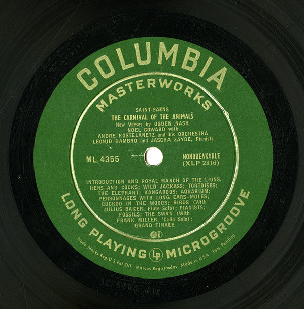 Andre Kostelanetz And His Orchestra* Music By Saint-Saëns*, Ogden Nash Spoken By Noel Coward*, Ravel* : Carnival Of The Animals / Mother Goose Suite (LP, Album, Mono, Gre)