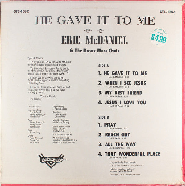 Eric McDaniel And The Bronx Mass Choir : He Gave It To Me (LP)