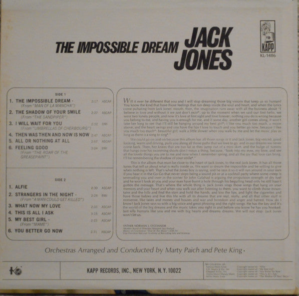 Jack Jones : The Impossible Dream (LP, Album, Mono)