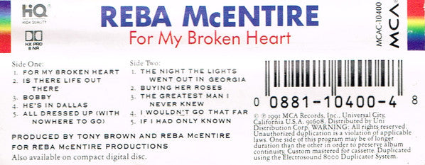Reba McEntire : For My Broken Heart (Cass, Album)