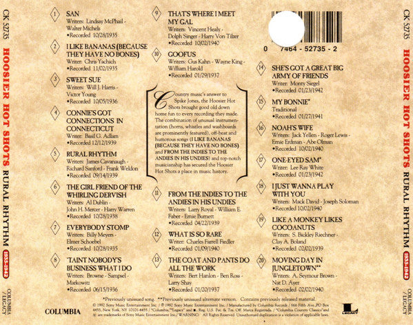 Hoosier Hot Shots : Rural Rhythm (1935 -1942) (CD, Comp, RM)