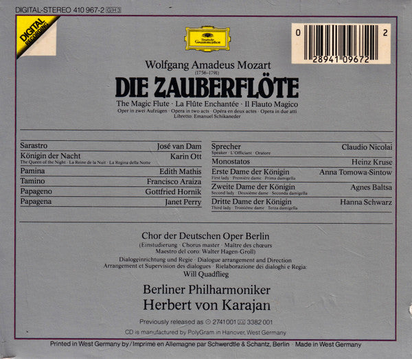 Mozart*, Karajan*, Edith Mathis, Karin Ott, Janet Perry, Anna Tomowa-Sintow, Agnes Baltsa, Hanna Schwarz, Francisco Araiza, Gottfried Hornik, José van Dam, Chor der Deutschen Oper Berlin, Berliner Philharmoniker, Karajan* : Die Zauberflöte  = The Magic Flute = La Flûte Enchantée = Il Flauto Magico (3xCD, Album, Pol + Box, Sli)