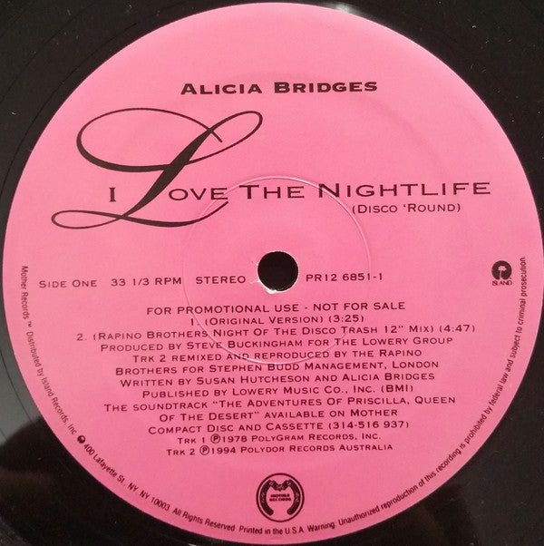Alicia Bridges : I Love The Nightlife (Disco 'Round) (12", Promo)