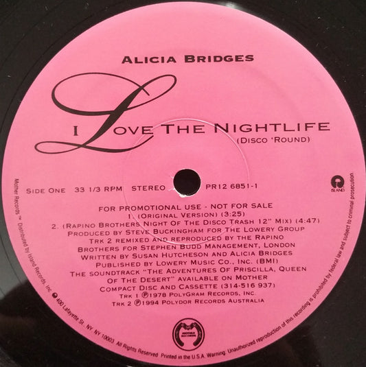 Alicia Bridges : I Love The Nightlife (Disco 'Round) (12", Promo)