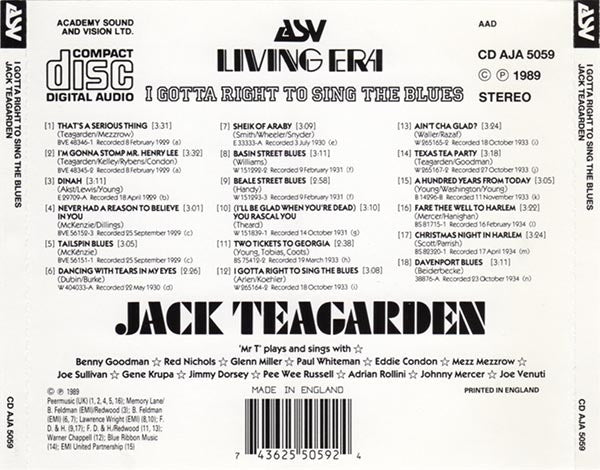 Jack Teagarden : I Gotta Right To Sing The Blues (CD, Album, Comp)