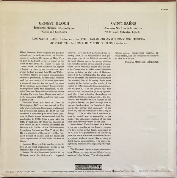 Ernest Bloch / Saint-Saëns*, Leonard Rose With The Philharmonic-Symphony Orchestra Of New York, Dimitri Mitropoulos : Schelomo - Hebraic Rhaposdie For 'Cello And Orchestra / Concerto No. 1 In A Minor For 'Cello And Orchestra (LP, RE)