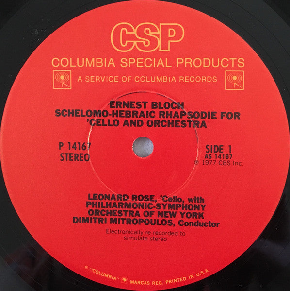 Ernest Bloch / Saint-Saëns*, Leonard Rose With The Philharmonic-Symphony Orchestra Of New York, Dimitri Mitropoulos : Schelomo - Hebraic Rhaposdie For 'Cello And Orchestra / Concerto No. 1 In A Minor For 'Cello And Orchestra (LP, RE)
