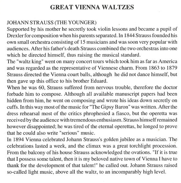 Johann Strauss* - Vienna Opera Orchestra* - Conductor: Carl Michalski : Great Vienna Waltzes (CD, Album)