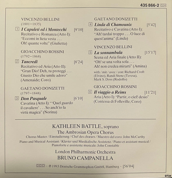 Kathleen Battle, London Philharmonic Orchestra, Bruno Campanella : Bel Canto (Kathleen Battle Sings Italian Opera Arias) (CD, Album)