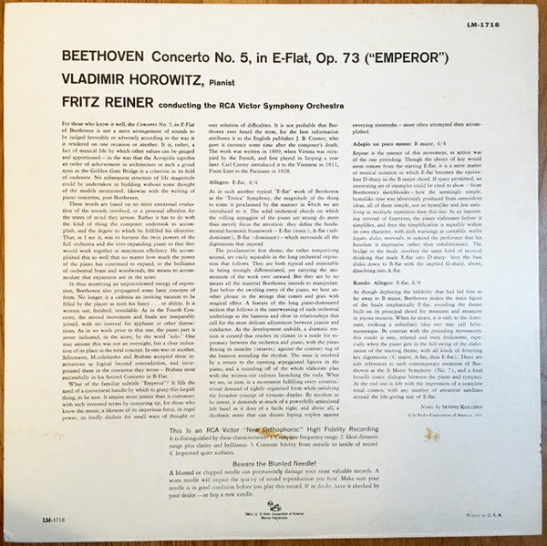 Beethoven*, Vladimir Horowitz, Fritz Reiner, RCA Victor Symphony Orchestra : "Emperor" Concerto (LP, Album, Mono, RE)