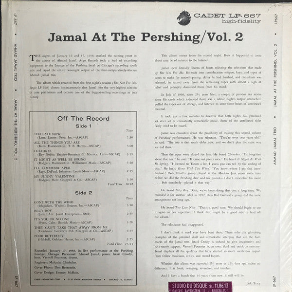 Ahmad Jamal Trio : Jamal At The Pershing Volume Two (LP, Album, RE)