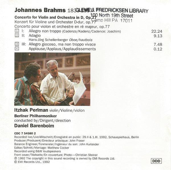 Brahms*, Itzhak Perlman, Berliner Philharmoniker, Daniel Barenboim : Violinkonzert (CD, Album)