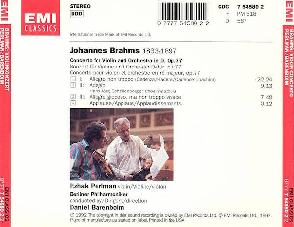 Brahms*, Itzhak Perlman, Berliner Philharmoniker, Daniel Barenboim : Violinkonzert (CD, Album)