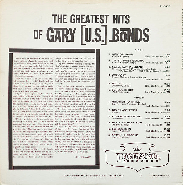 Gary U.S. Bonds : The Greatest Hits Of Gary (U. S.) Bonds (LP, Comp, Mono, Club, RE)