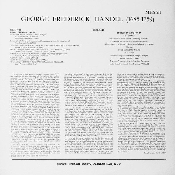 George Frederick Handel*, Ensemble Of Wind Instruments And Percussion*, The Jean-François Paillard Ensemble*, Jean-Francois Paillard* : Royal Fireworks Music / Double Concerto No. 27 In B Flat Major / Oboe Concerto No. 3 In G Minor (LP, Album, RE)