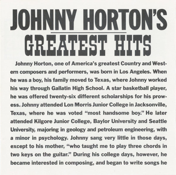 Johnny Horton : Johnny Horton's Greatest Hits (CD, Comp, RE)