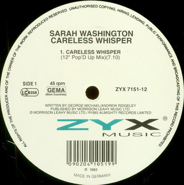 Sarah Washington : Careless Whisper (12")