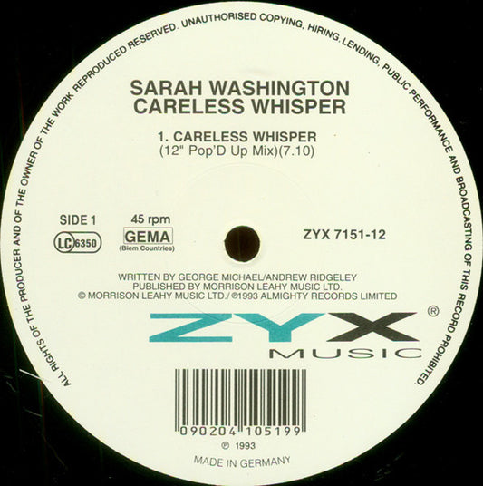 Sarah Washington : Careless Whisper (12")
