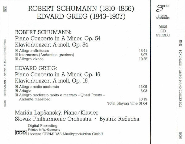 R. Schumann* · E. Grieg*, Marián Lapšanský, Slovak Philharmonic Orchestra, Bystrík Režucha : Piano Concerto, Op. 54 / Piano Concerto, Op. 16 (CD, RE)