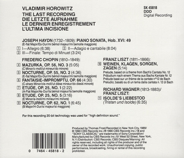 Horowitz* – Chopin* · Haydn* · Liszt* · Wagner* : The Last Recording (CD, Album)