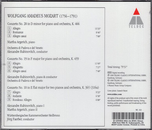 Mozart* – Martha Argerich, Alexandre Rabinovitch* : Piano Concertos Nos. 10, 19 & 20 (CD, Album, Club)
