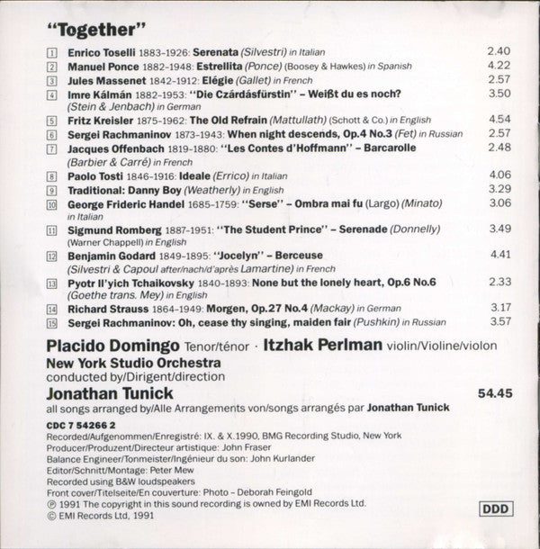 Placido Domingo & Itzhak Perlman : Together (CD, Album)