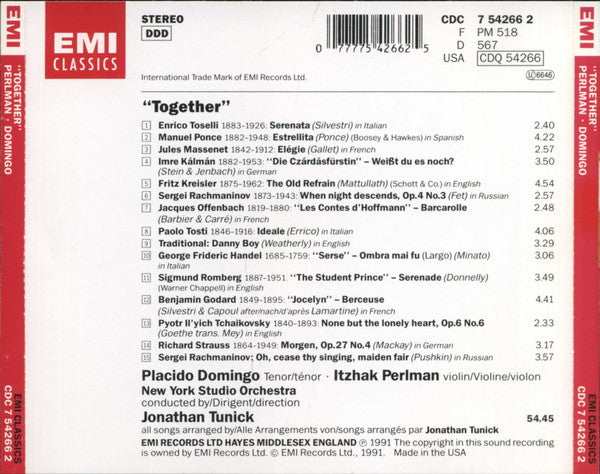 Placido Domingo & Itzhak Perlman : Together (CD, Album)