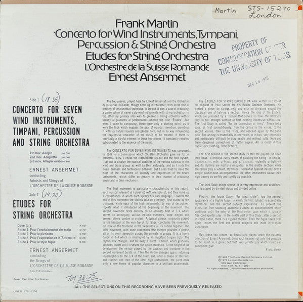 Martin*, Ansermet*, L'Orchestre De La Suisse Romande : Concerto For Seven Wind Instruments, Timpani, Percussion And String Orchestra / Etudes For String Orchestra (LP, RE)