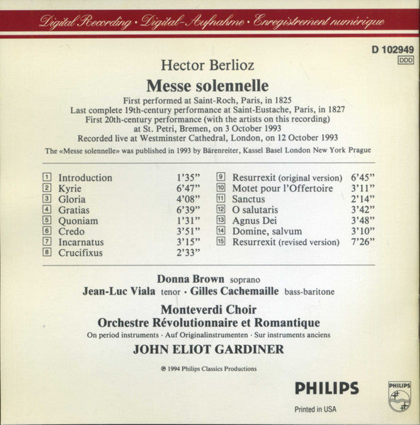 Berlioz* - Brown*, Viala*, Cachemaille*, Monteverdi Choir*, Orchestre Révolutionnaire Et Romantique, John Eliot Gardiner : Messe Solennelle (CD, Album, Club)