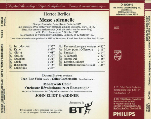 Berlioz* - Brown*, Viala*, Cachemaille*, Monteverdi Choir*, Orchestre Révolutionnaire Et Romantique, John Eliot Gardiner : Messe Solennelle (CD, Album, Club)