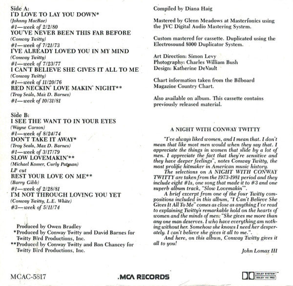 Conway Twitty : A Night With Conway Twitty (Cass, Comp)