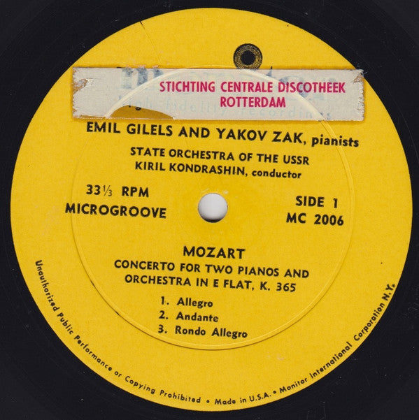 Gilels* & Zak* / Mozart*, Saint-Saëns* : Concerto For Two Pianos And Orchestra, K. 365 / Carnival Of Animals (LP)