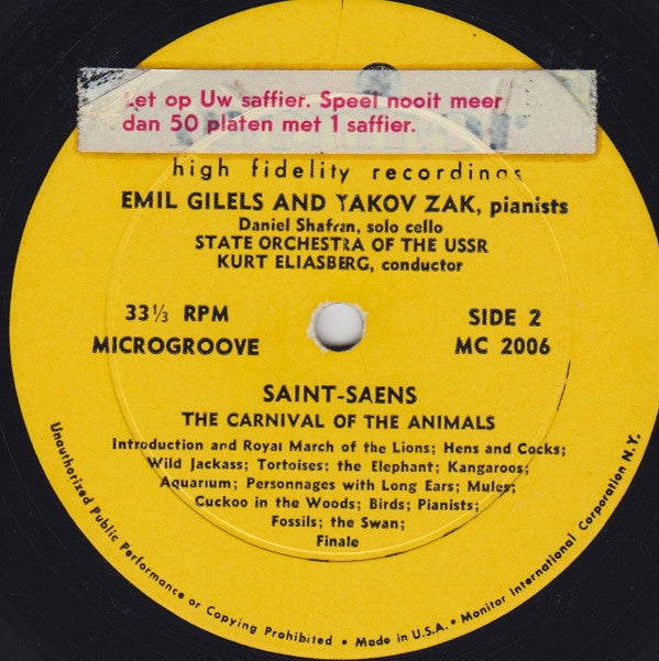 Gilels* & Zak* / Mozart*, Saint-Saëns* : Concerto For Two Pianos And Orchestra, K. 365 / Carnival Of Animals (LP)