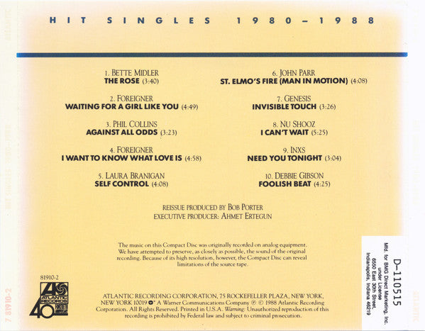 Various : Hit Singles 1980–1988 (CD, Comp, Club)