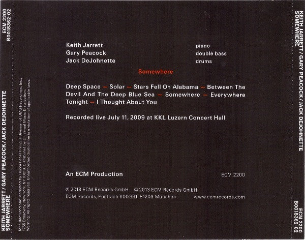 Keith Jarrett / Gary Peacock / Jack DeJohnette : Somewhere (CD, Album)