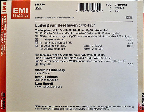 Beethoven* - Ashkenazy* · Perlman* · Harrell* : "Archduke" Trio & Trio No. 7 In B Flat (1812) (CD, Album, RE, RP)