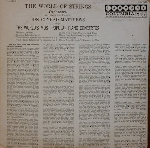 The World Of Strings Orchestra With The Magic Piano Of Jon Conrad Matthews : The World's Most Popular Piano Concertos (LP, Album, Mono)