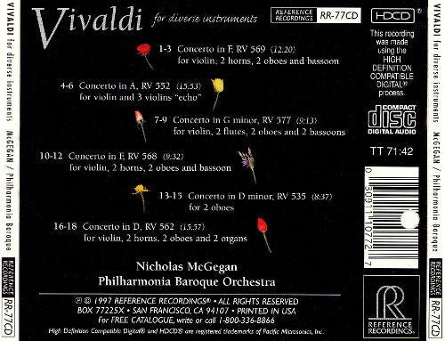 Nicholas McGegan, Philharmonia Baroque Orchestra : Vivaldi for diverse instruments (HDCD)