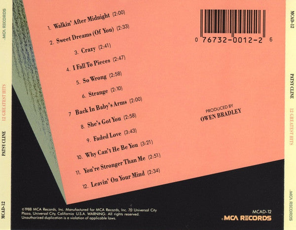 Patsy Cline : 12 Greatest Hits (CD, Comp, RE, RM)