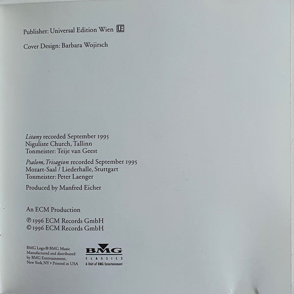 Arvo Pärt : Litany (CD, Album, Club)