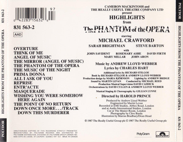 Andrew Lloyd Webber, Michael Crawford, Sarah Brightman, Steve Barton : Highlights From The Phantom Of The Opera (The Original Cast Recording) (CD, Album)