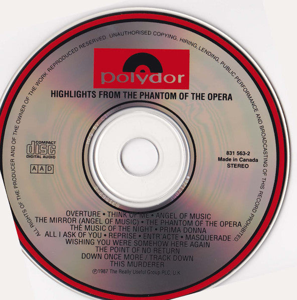Andrew Lloyd Webber, Michael Crawford, Sarah Brightman, Steve Barton : Highlights From The Phantom Of The Opera (The Original Cast Recording) (CD, Album)