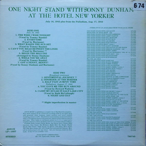 Sonny Dunham : One Night Stand with Sonny Dunham At The Hotel New Yorker (LP)