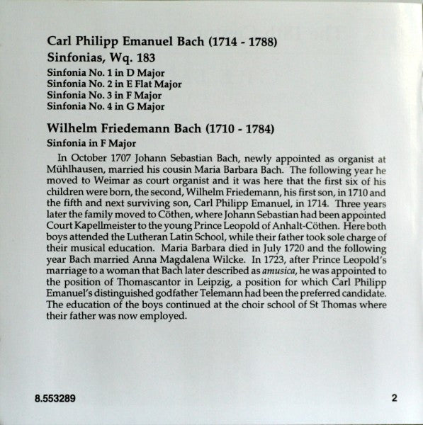 Carl Philipp Emanuel Bach, Wilhelm Friedemann Bach - Salzburger Kammerphilharmonie, Yoon Kuk Lee - Sinfonias, Wq. 183, Nos. 1 - 4 / Sinfonia In F Major (CD) - Discogs image 4