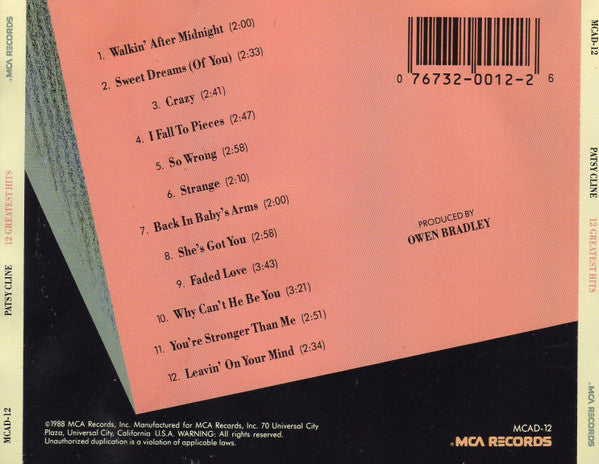 Patsy Cline - 12 Greatest Hits (CD) - Discogs image 2