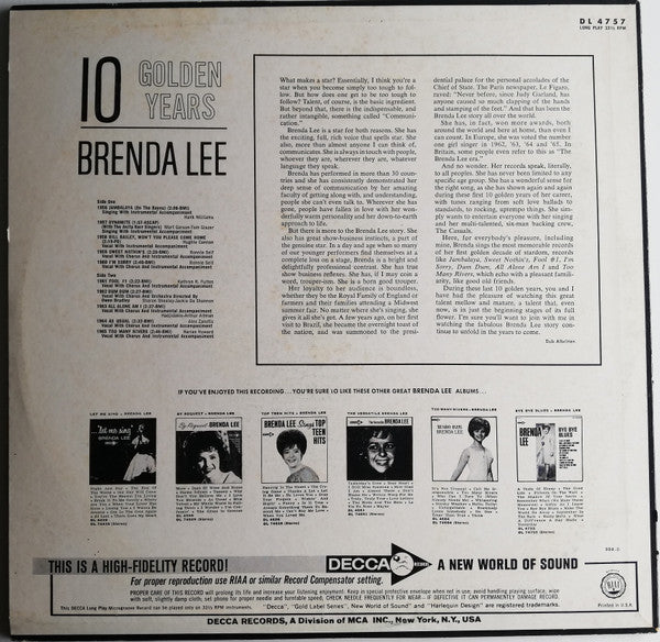 Brenda Lee - 10 Golden Years (LP) - Discogs image 4