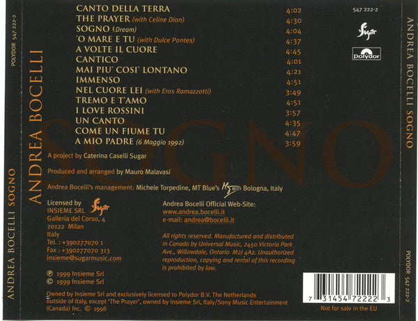Andrea Bocelli - Sogno (CD) - Discogs image 2
