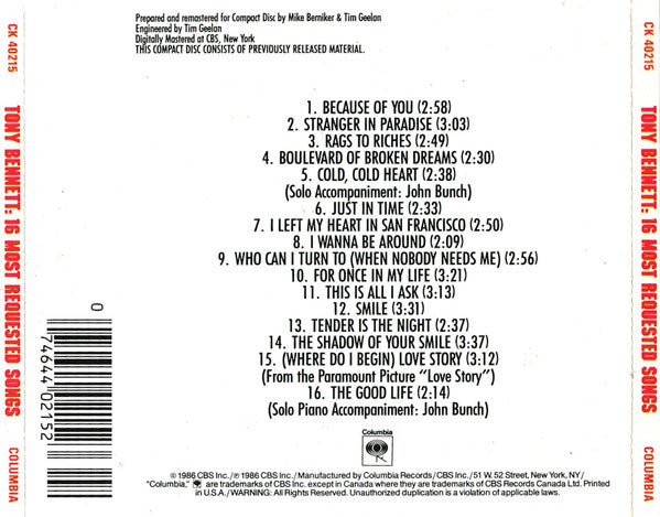 Tony Bennett - 16 Most Requested Songs (CD) - Discogs image 2